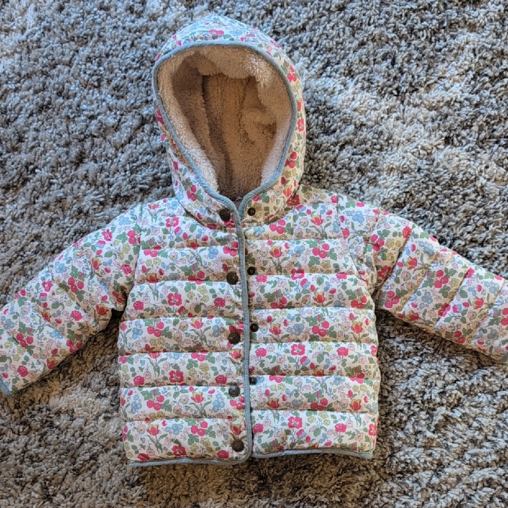 Mini Boden Floral Puffer Jacket - Pink and Green